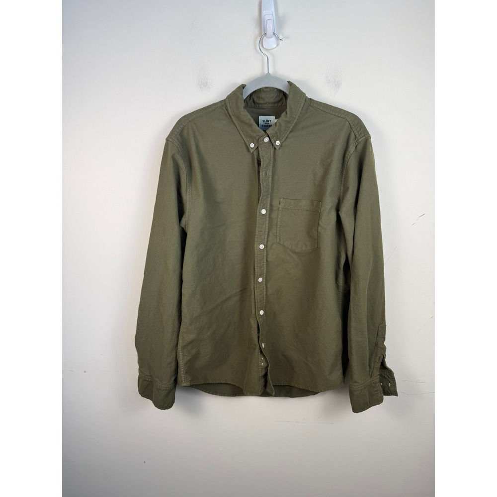Flint and Tinder Mens Olive Green Cotton Button Down Shirt Made in USA Large